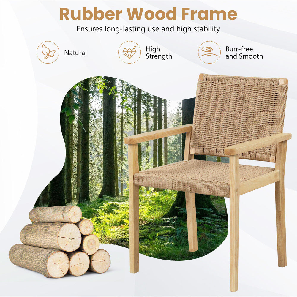 Natural rubber wood chair set of 2 with woven paper rope, ideal for indoor or outdoor use in various settings.