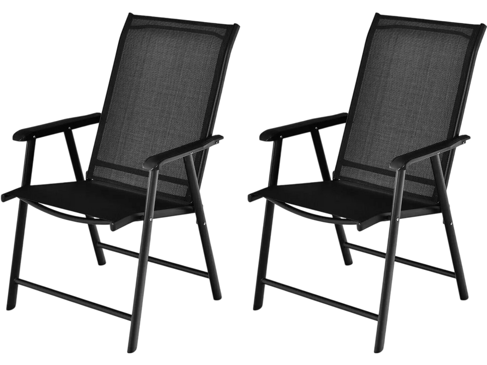 Set of 2 black outdoor patio folding chairs with ergonomic armrests, featuring a durable metal frame for indoor and.