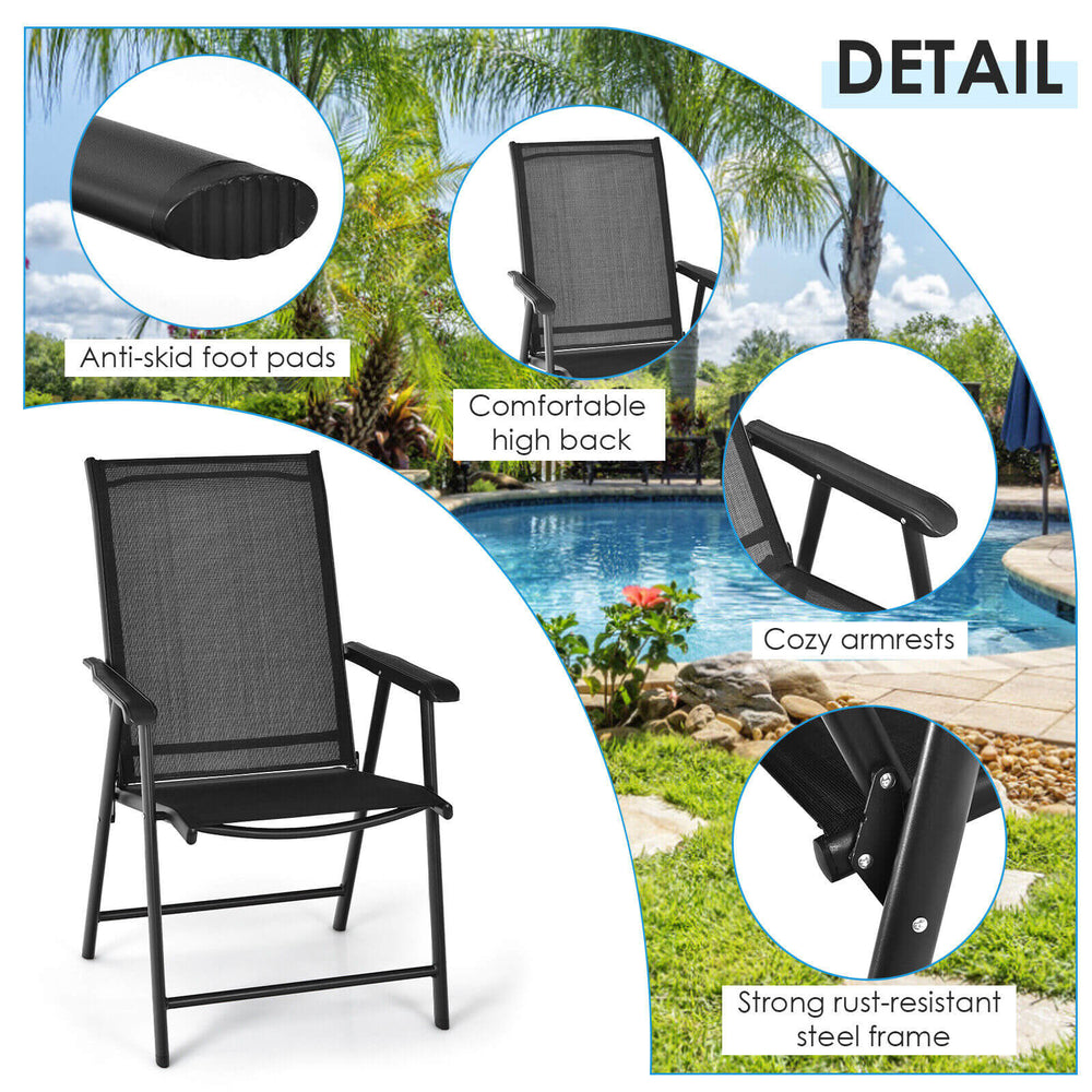 Black outdoor patio folding chair with ergonomic armrests and rust-resistant steel frame, ideal for indoor and outdoor.