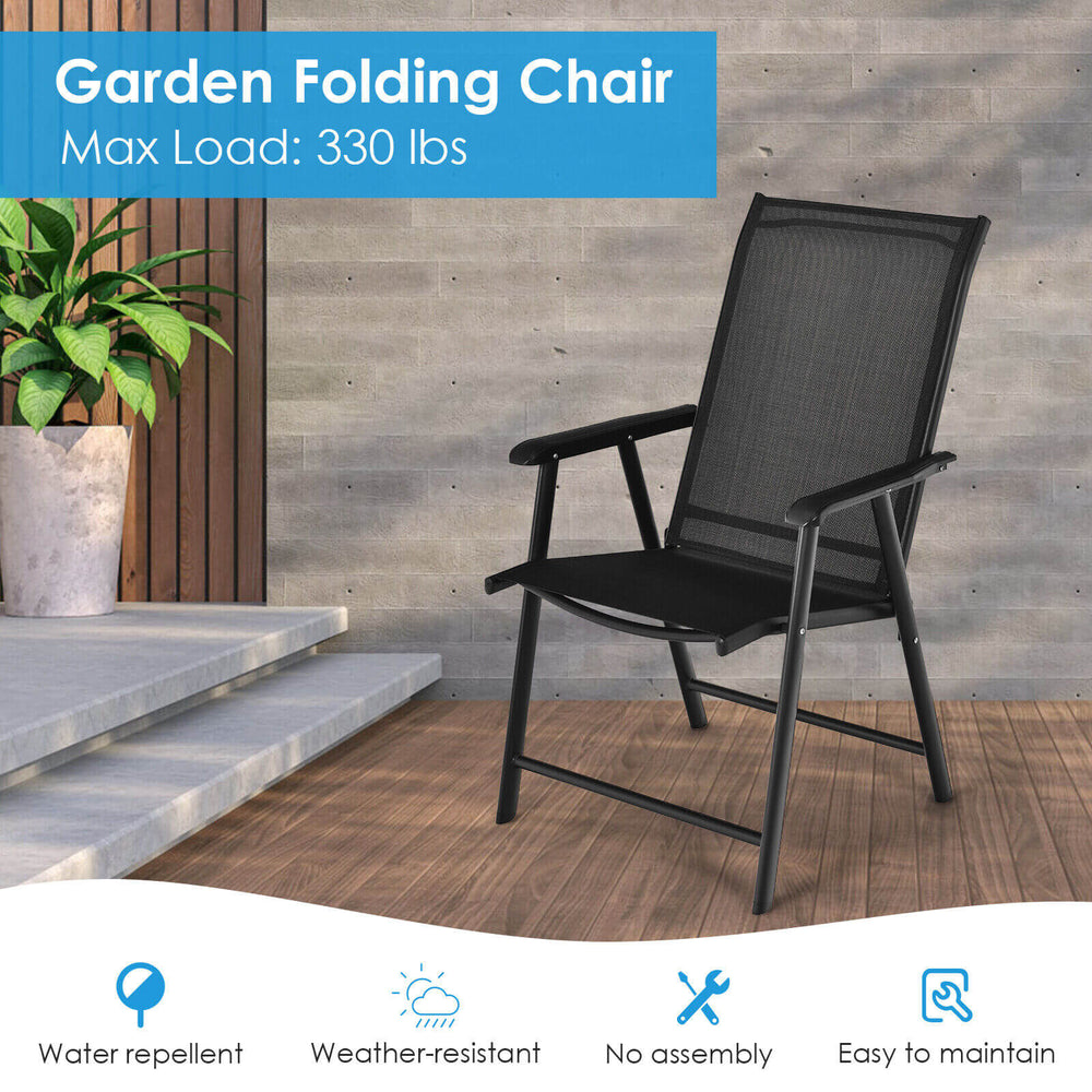 Black outdoor patio folding chair with ergonomic armrests, lightweight design, and weather-resistant fabric for.