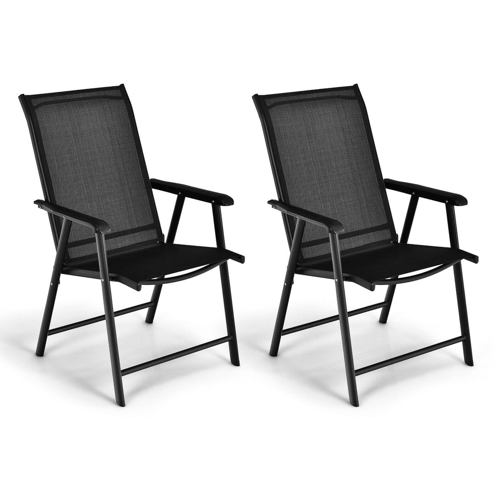 Set of 2 black outdoor patio folding chairs with ergonomic armrests and durable metal frame for indoor and outdoor use.