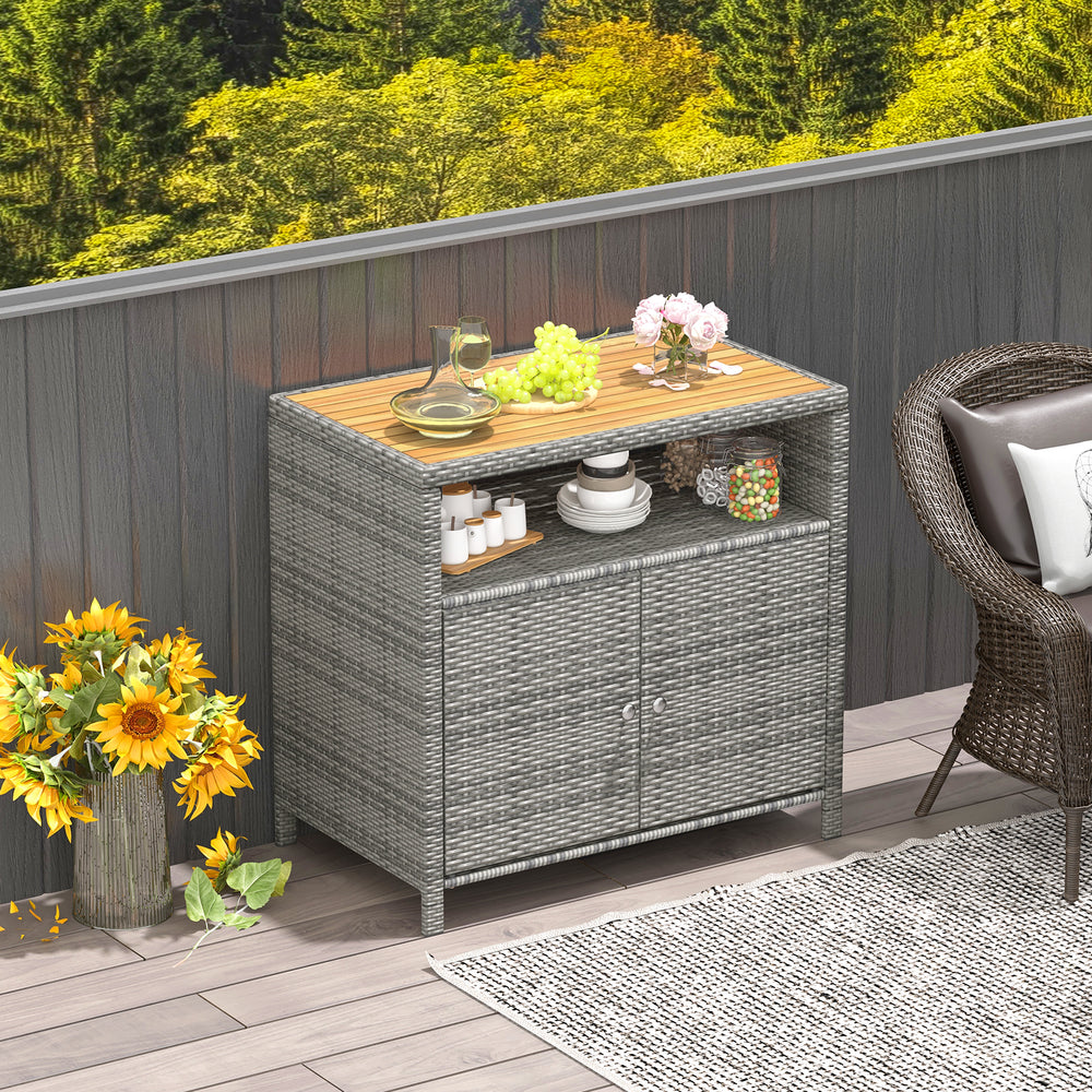 Rattan Storage Cabinet with Acacia Wood Countertop for Poolside Deck and Patio-Gray - Gallery View 1 of 10