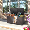 Outdoor storage box with closed lid, showcasing hand-woven brown PE rattan, perfect for backyard or patio use.