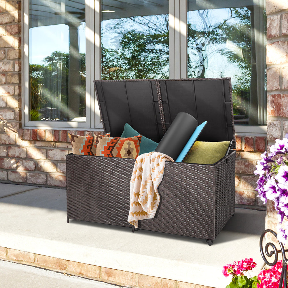 Outdoor storage box with closed lid, showcasing hand-woven brown PE rattan, perfect for backyard or patio use.