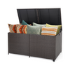 Outdoor storage box with lid open, featuring 175-gallon capacity, hand-woven brown PE rattan, and colorful cushions.