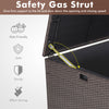 Close-up of the safety gas strut on the 175-gallon outdoor storage box, ensuring safe and smooth lid operation.