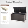 175-gallon outdoor storage box in brown PE rattan with lid open, showcasing dimensions and capacity for versatile use.