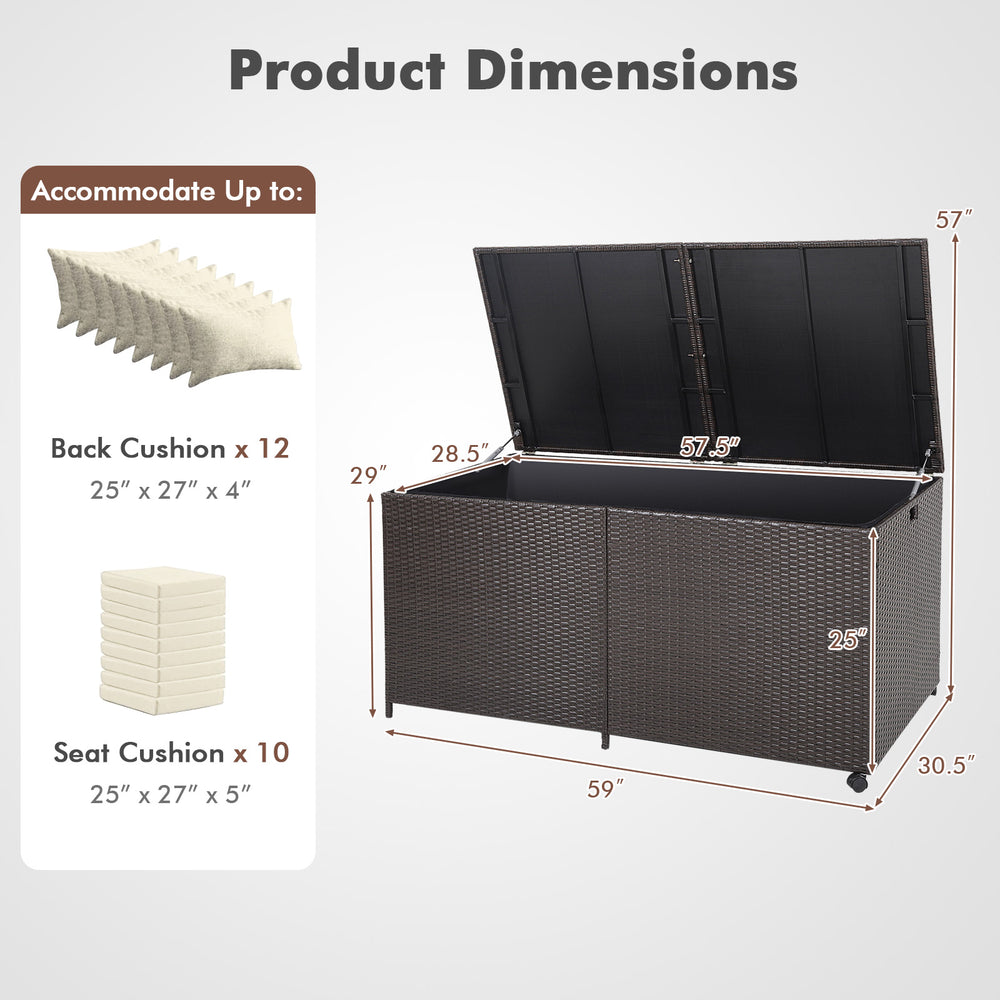 175-gallon outdoor storage box in brown PE rattan with lid open, showcasing dimensions and capacity for versatile use.
