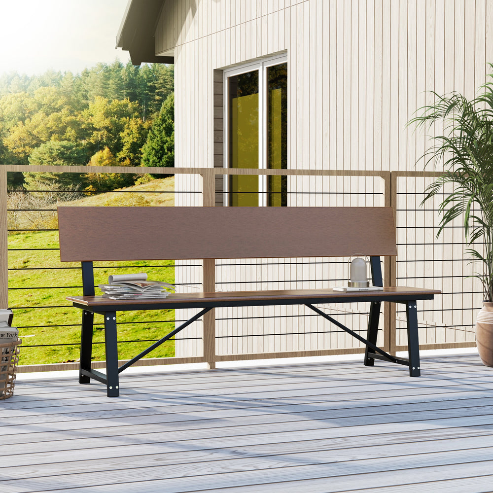 Extra long 72-inch bench with brown HDPE seat and back, perfect for outdoor gardens and porches, supports 1100 lbs.