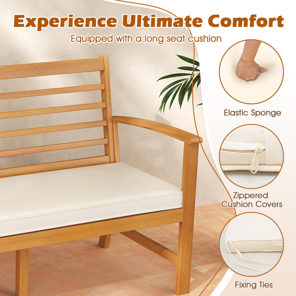 Patio 64-inch wood bench with off-white elastic seat cushion and slatted design, perfect for backyard comfort.