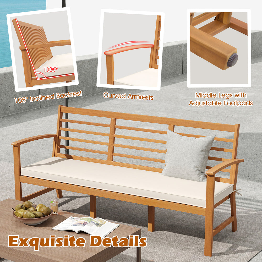 Patio 64-inch wood bench with slatted seat and off-white cushion, featuring ergonomic backrest and adjustable footpads.