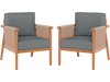Set of 2 patio chairs with acacia wood frame, gray cushions, and woven rope armrests for backyard relaxation.