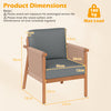 Patio acacia wood chair with woven rope armrests, gray cushions, and dimensions for backyard comfort and style.