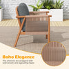 Side view of a patio acacia wood chair featuring woven rope armrests and gray cushions, ideal for backyard relaxation.
