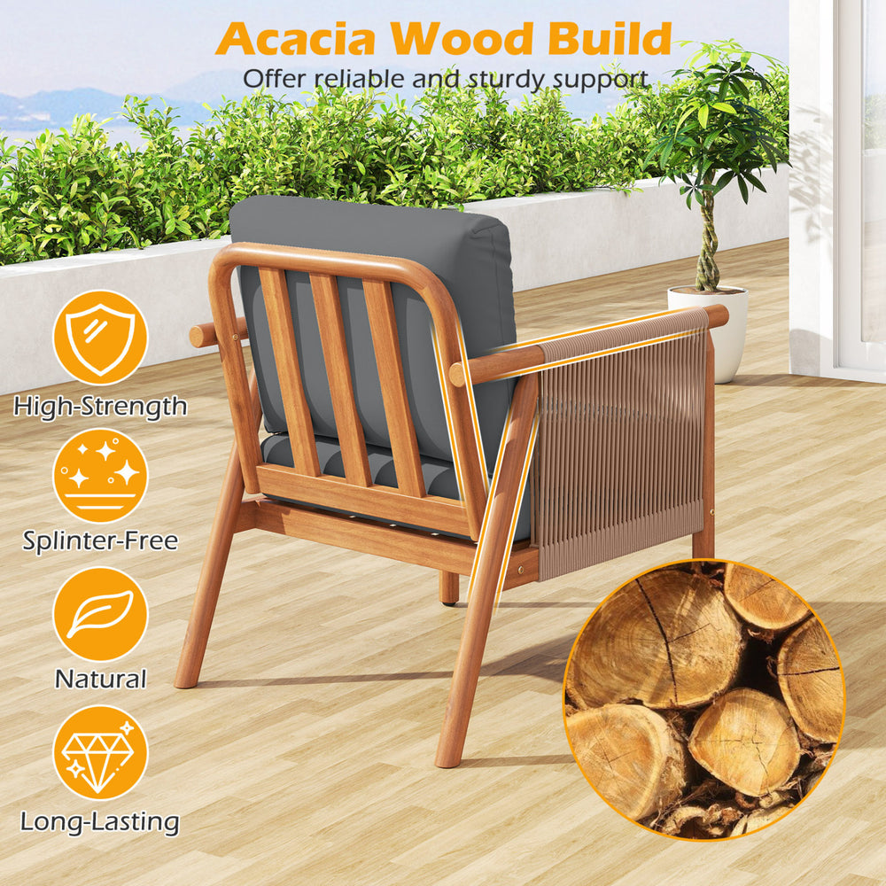 Patio acacia wood chair with woven rope armrests and gray cushions, ideal for backyard relaxation and durability.