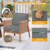 Gray patio chair with thick cushions, acacia wood frame, and woven rope armrests for comfortable backyard seating.