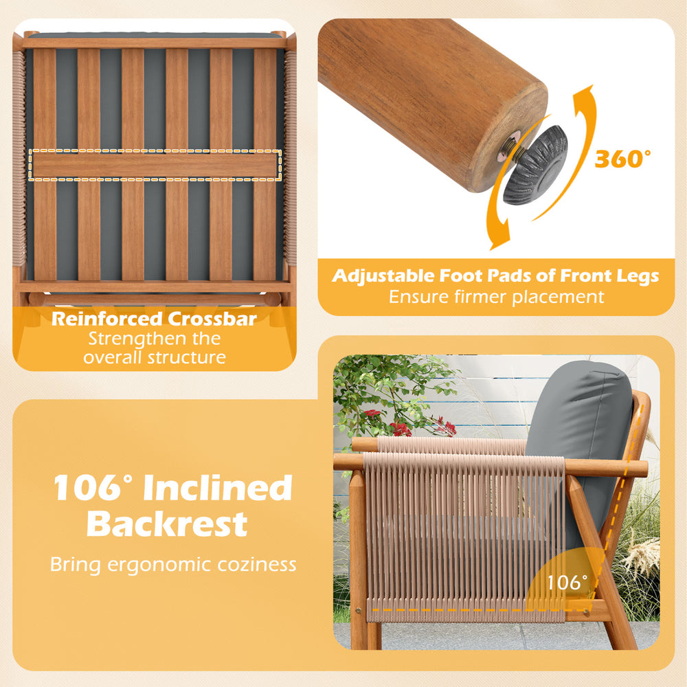 Patio acacia wood chair set with woven rope armrests, 106° inclined backrest, and adjustable foot pads for outdoor.