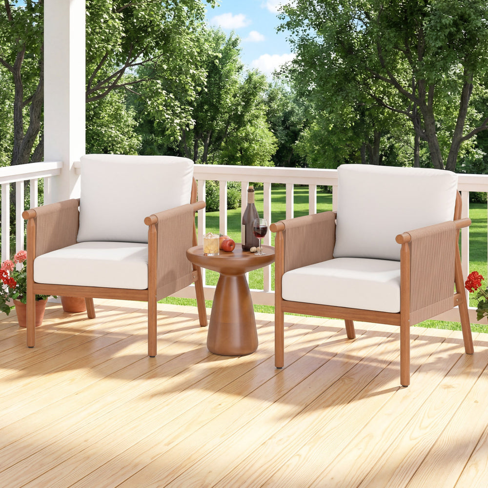 Patio Acacia Wood Chair Set of 2 with Woven Rope Armrests and Seat Back Cushions for Backyard-White - Gallery View 1 of 9