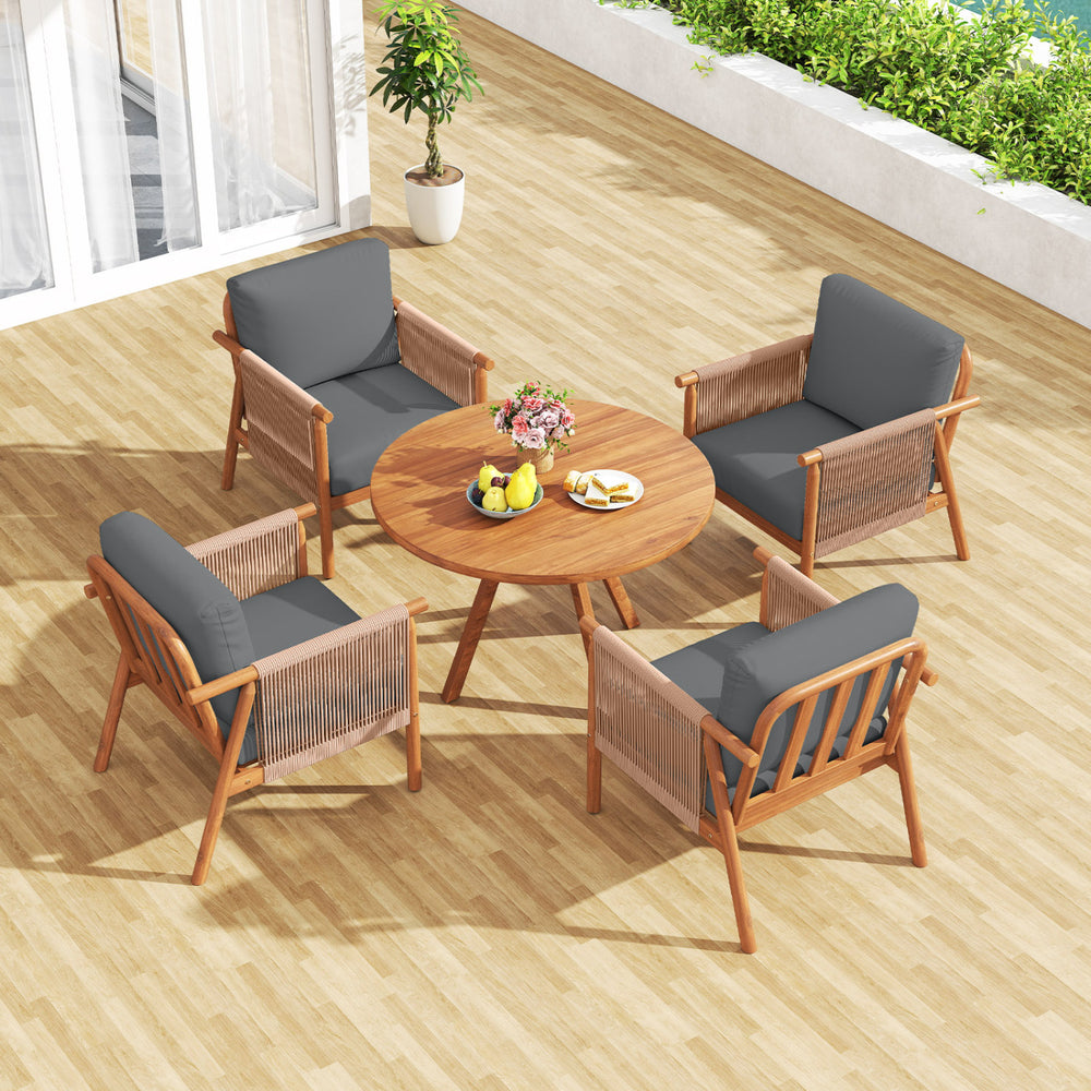 Patio acacia wood chair set of 4 with gray cushions and woven rope armrests, perfect for backyard relaxation.