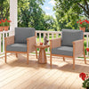 Acacia wood patio chairs with gray cushions and woven rope armrests, perfect for backyard relaxation.