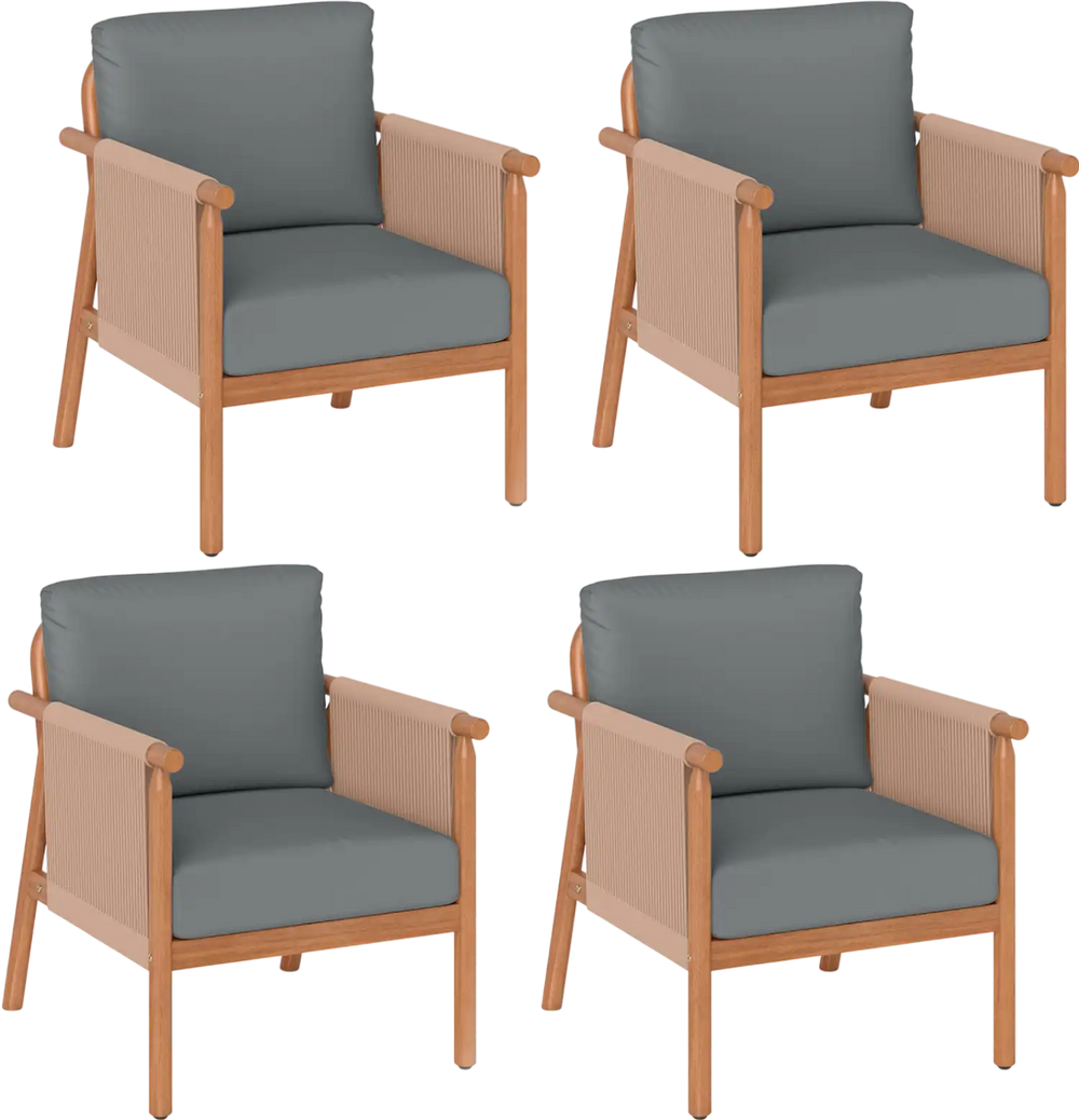 Set of 4 patio chairs featuring acacia wood frames, woven rope armrests, and gray seat cushions for backyard comfort.