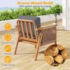Acacia wood chair with woven rope armrests and gray cushions, designed for backyard comfort and durability.