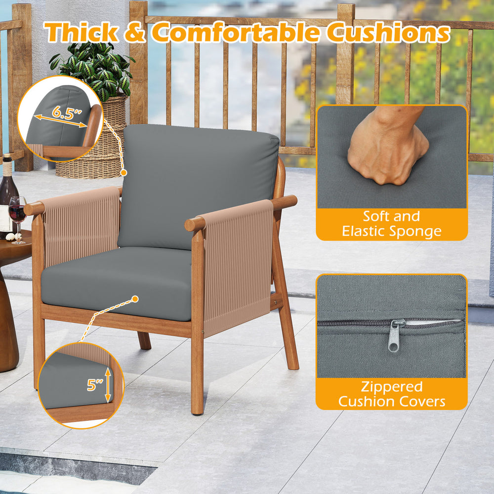 Patio acacia wood chair with gray thick cushions, woven rope armrests, and ergonomic design for backyard comfort.