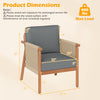 Patio acacia wood chair with gray cushions, woven rope armrests, and dimensions for backyard comfort and style.