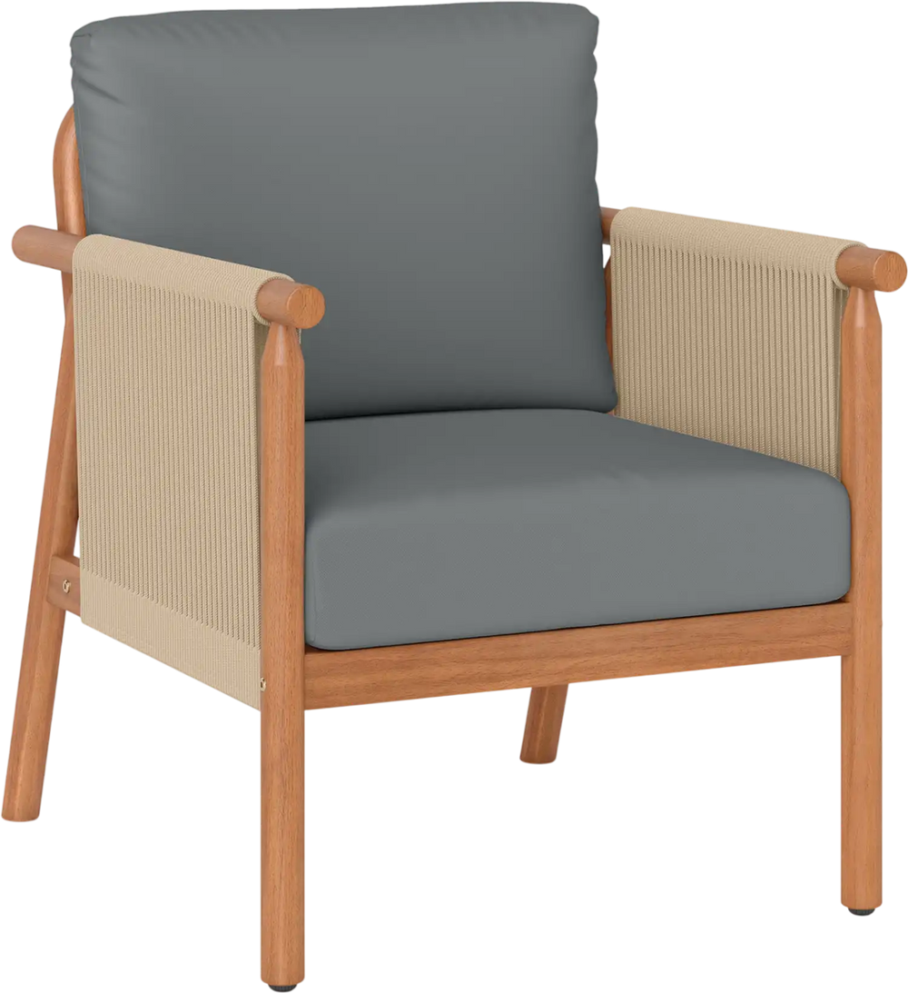 Patio acacia wood chair with gray cushions and woven rope armrests, perfect for backyard relaxation.