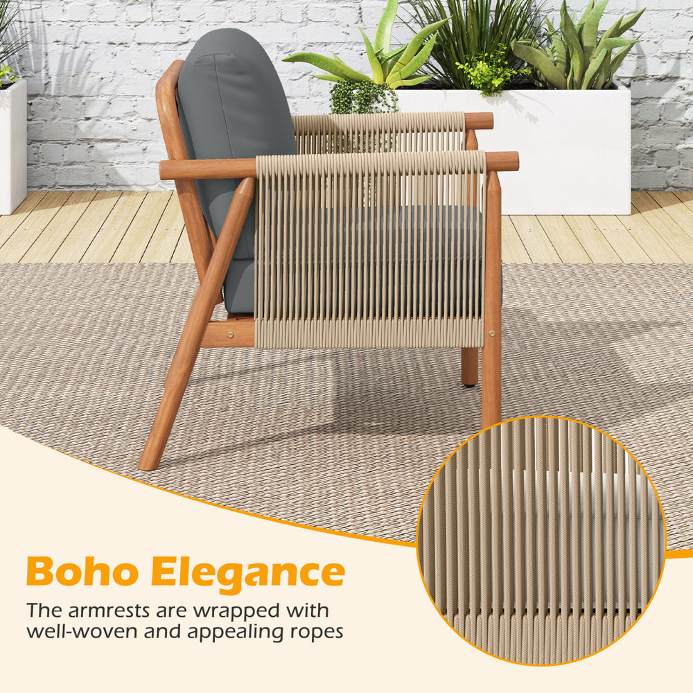 Patio acacia wood chair with woven rope armrests and gray cushions, ideal for backyard relaxation and stylish outdoor.