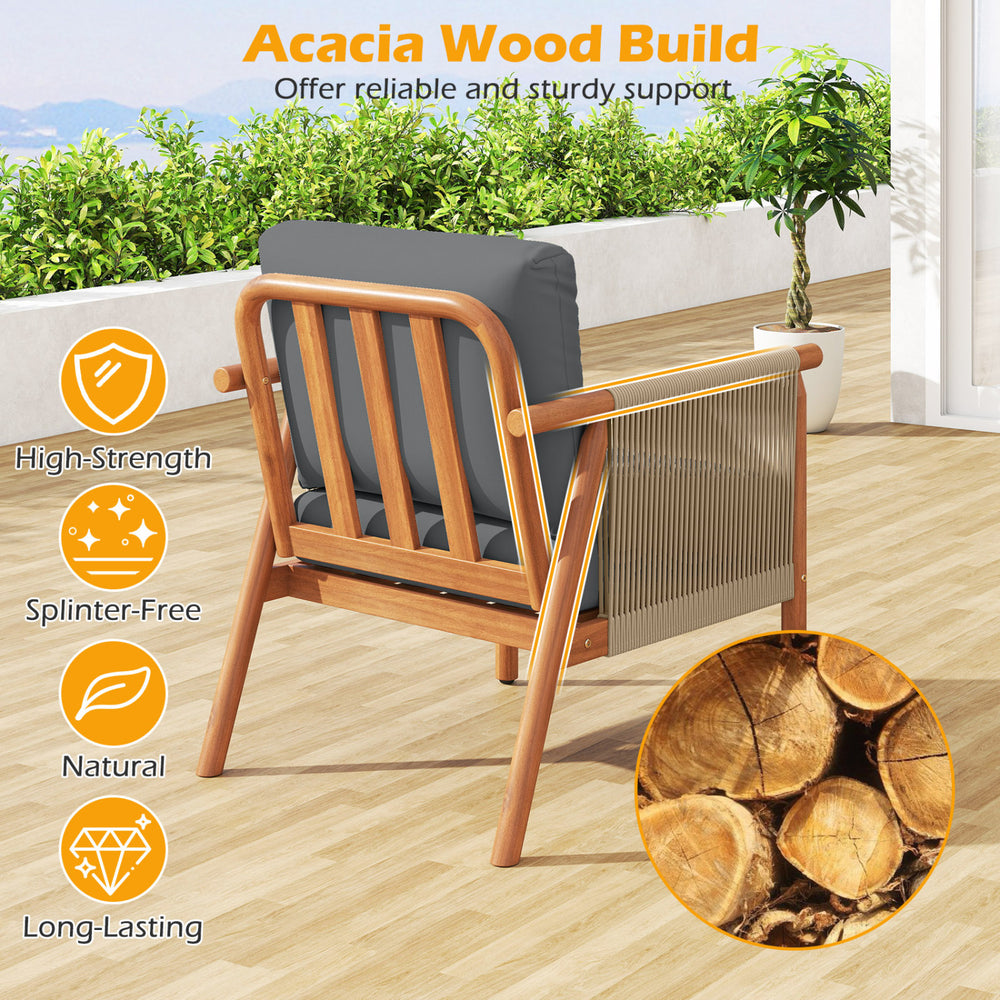 Patio acacia wood chair with woven rope armrests and gray cushions, perfect for backyard relaxation and stylish comfort.