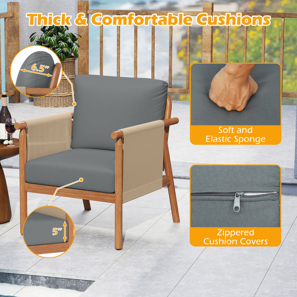 Patio acacia wood chair with gray thick cushions and woven rope armrests, perfect for backyard relaxation.