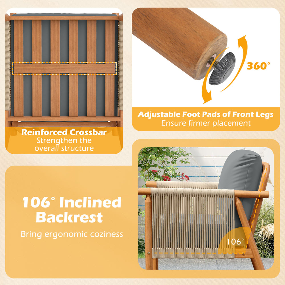 Patio acacia wood chair with woven rope armrests, 106° inclined backrest, and gray cushions for backyard comfort.