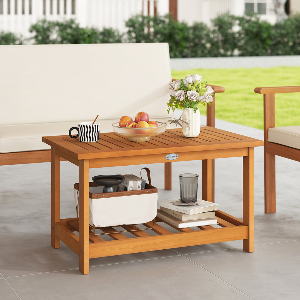 Acacia wood coffee table with 2-tier design, perfect for outdoor use, featuring a spacious top and bottom shelf.