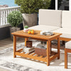 Acacia wood coffee table with 2-tier design, ideal for outdoor or indoor use, featuring a wide tabletop and stable.