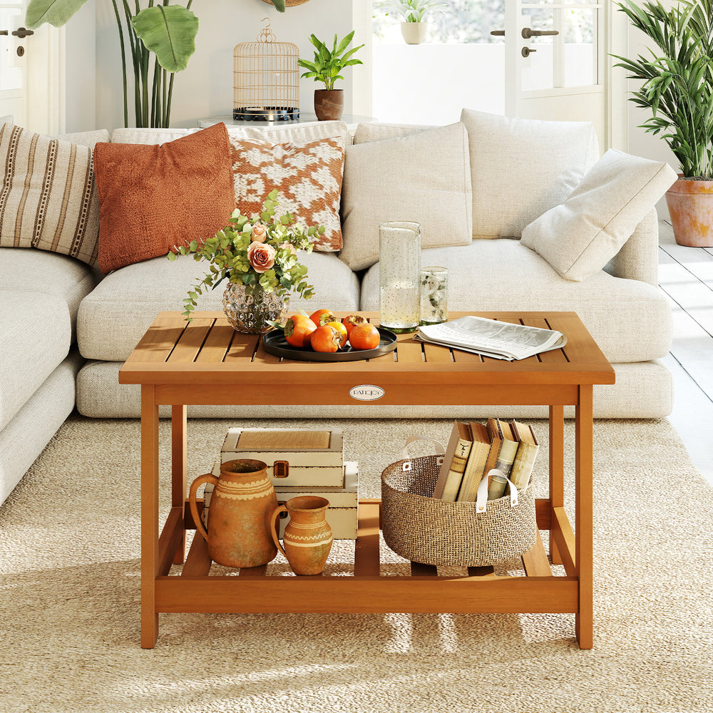 Rectangular 2-tier acacia wood coffee table with a natural finish, ideal for indoor or outdoor use, showcasing storage.