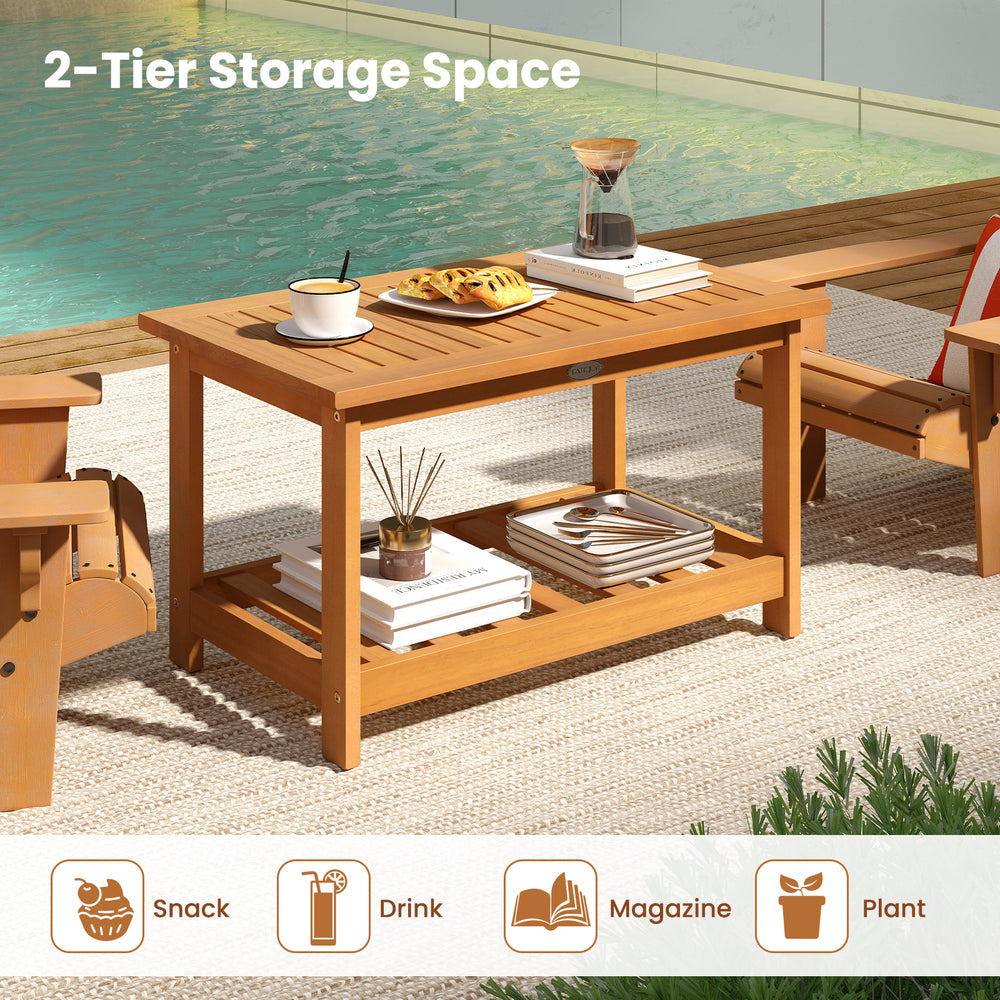 Acacia wood coffee table with 2-tier design, ideal for snacks and drinks, perfect for indoor or outdoor use.