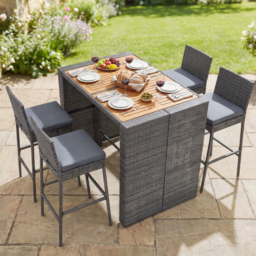Patio acacia wood dining set with grey PE wicker, featuring six bar stools and a space-saving design for outdoor dining.
