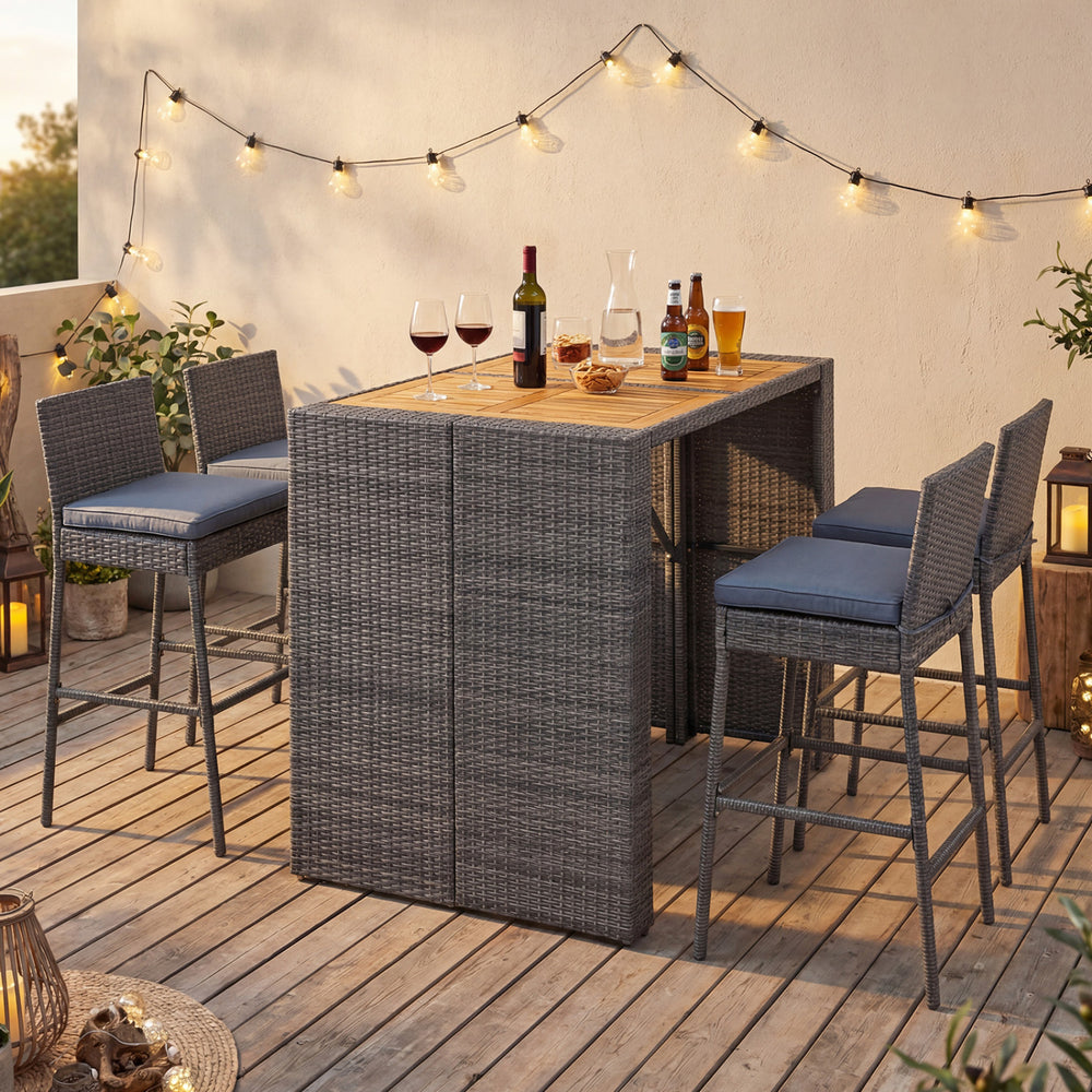 Patio dining set featuring grey PE wicker bar stools and solid acacia wood tabletop, perfect for outdoor gatherings.