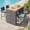 Patio dining set featuring a solid acacia wood tabletop and grey PE wicker bar stools, perfect for outdoor gatherings.