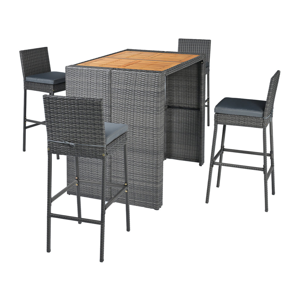 Patio dining set featuring grey PE wicker bar stools and solid acacia wood tabletop, ideal for outdoor dining.