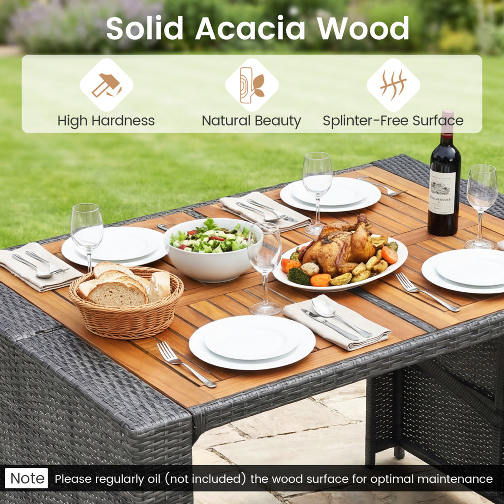 Patio acacia wood dining set featuring a sturdy table and bar stools, designed for outdoor dining and easy maintenance.