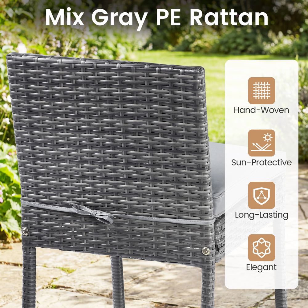 Mix gray PE rattan chair with ergonomic footrest and soft padded cushion, ideal for outdoor dining and relaxation.