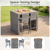 Patio acacia wood dining set with grey PE wicker, featuring space-saving design and soft padded cushions for comfort.