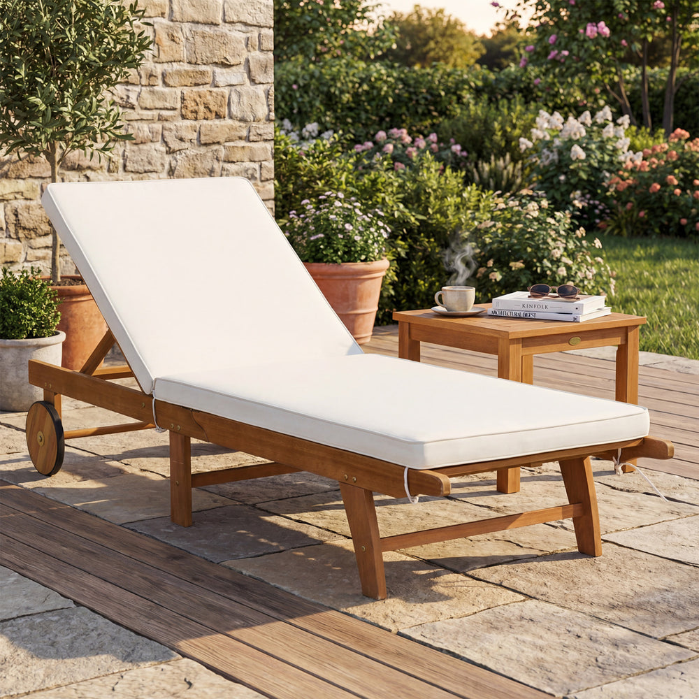 Acacia wood lounge chair chaise recliner with white cushion, 5-position backrest, ideal for patios and gardens.