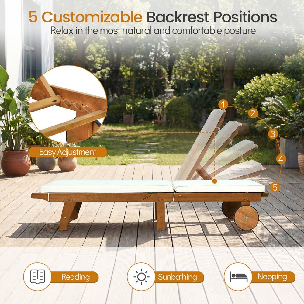 Patio acacia wood lounge chair with 5-position backrest, thick cushion, and built-in wheels for easy outdoor mobility.