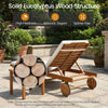 Eucalyptus wood lounge chair with 5-position backrest, thick cushion, and built-in wheels for outdoor relaxation.