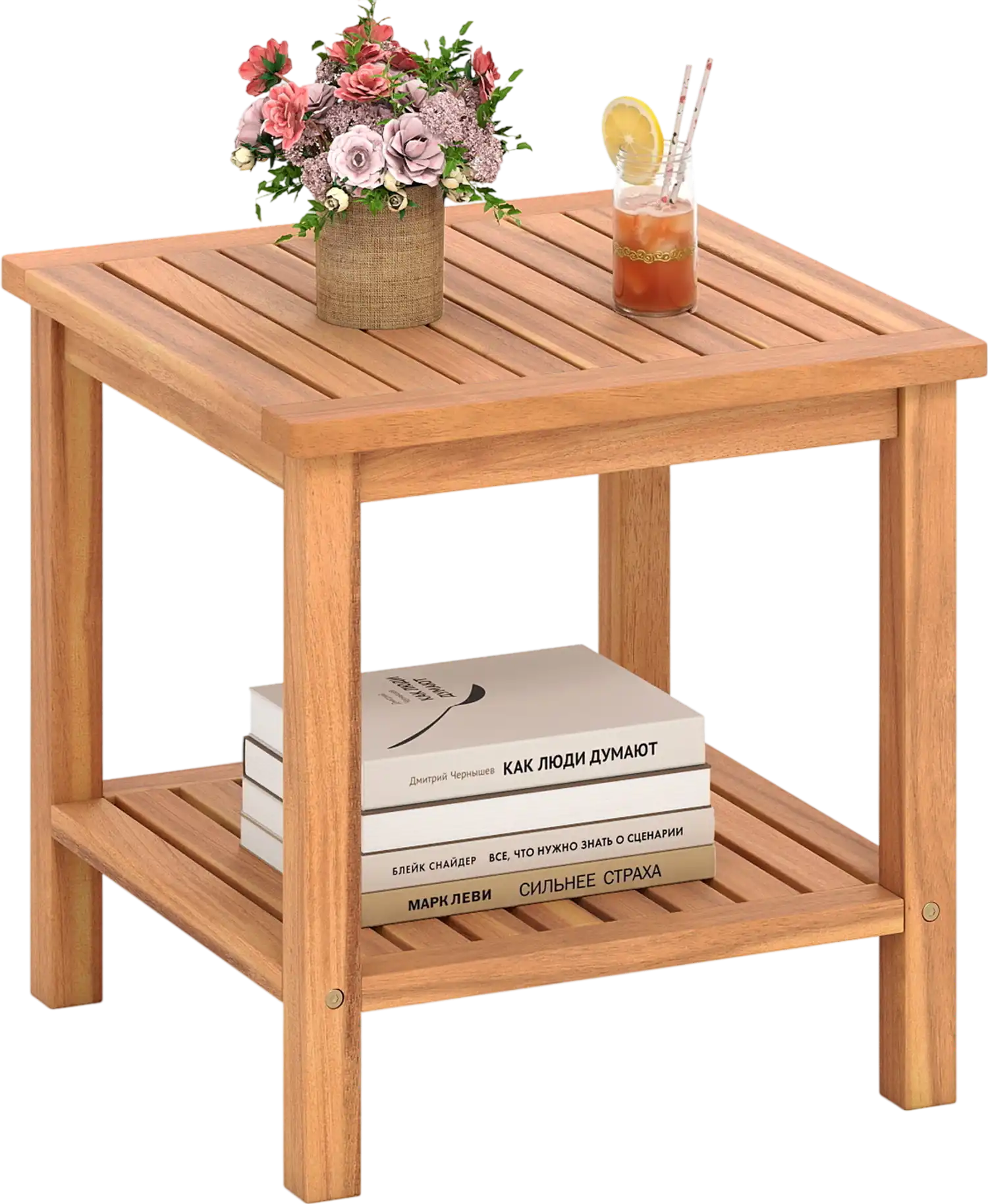 Costway Patio Acacia Wood Side Table w/ Storage Shelf 23213044 New