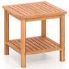 Acacia wood side table featuring a slatted design and lower shelf, ideal for versatile indoor or outdoor placement.