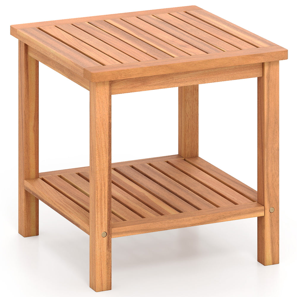 Acacia wood side table featuring a slatted design and lower shelf, ideal for versatile indoor or outdoor placement.